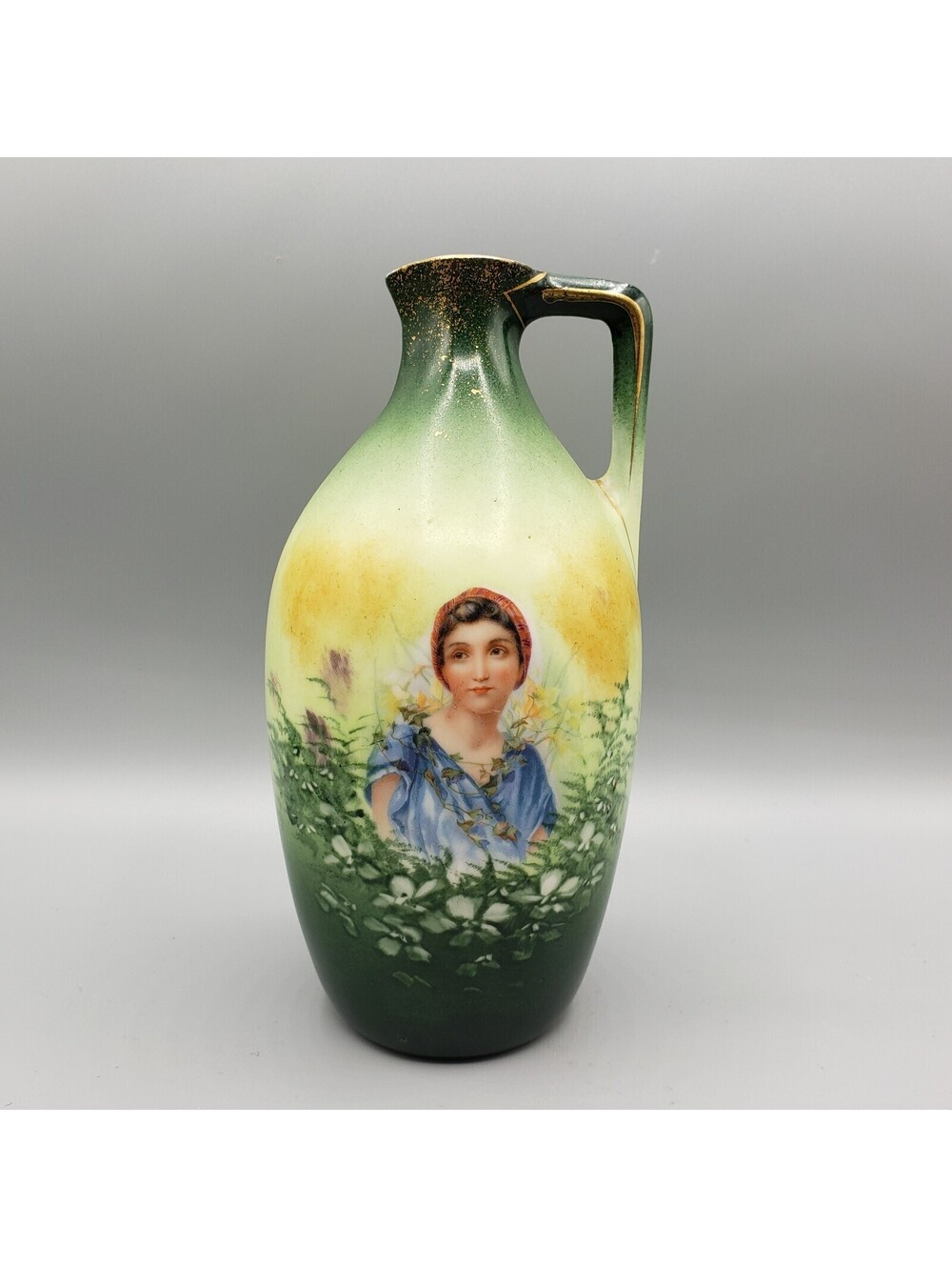 Vintage Austria Ewer Vase Maiden in Field of Flowers Green Pitcher Jug Porcelain
